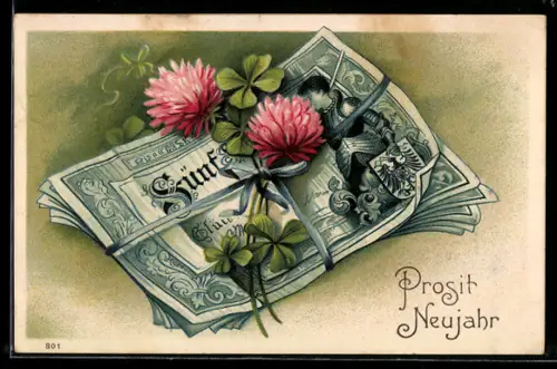 AK Geldbündel, mit Schnur und blühendem Glücksklee, Neujahrsgruss