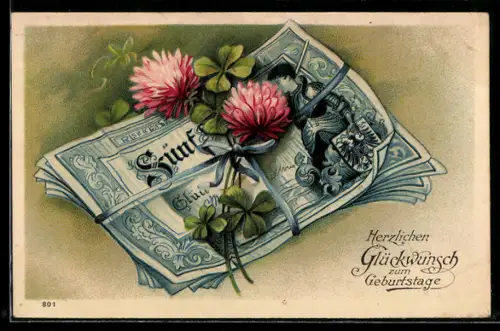 Präge-AK Bündel Geldscheine mit Kleeblättern, Geburtstagsgruss