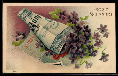 Präge-AK Veilchen in einem Geldschein, Neujahrsgruss