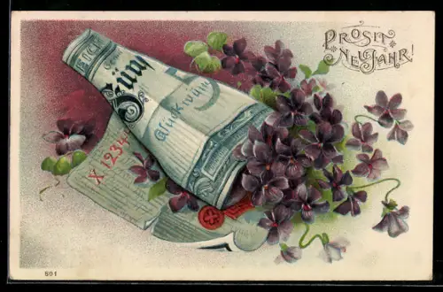 Präge-AK Veilchen in einem Geldschein, Neujahrsgruss