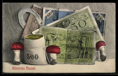 AK Geldsack mit Scheinen, Hufeisen und Pilzen, Neujahrsgruss