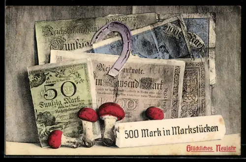 AK Diverse Reichsmark-Scheine mit Hufeisen und Fliegenpilzen