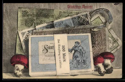 AK Neujahr, Reichskassenschein, Pilze, Hufeisen
