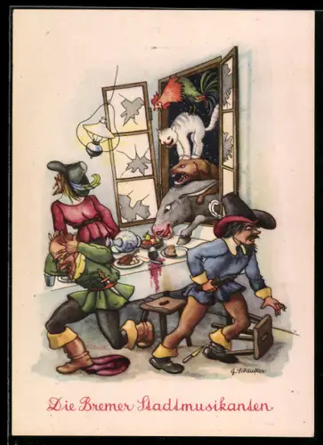 AK Die Bremer Stadtmusikanten am Fenster, Märchen