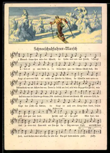 Lied-AK Anton Günther: Schneeschuhfahrer-Marsch, Skilangläufer in der Winterlandschaft