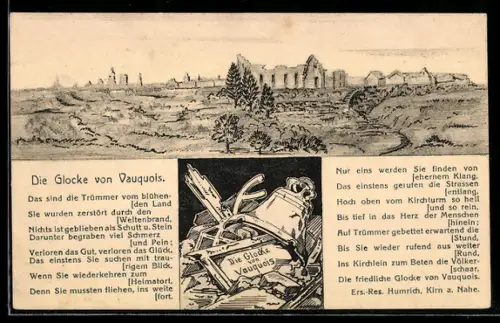 Künstler-AK Vauquois, Die Glocke von Vauquois, Ortspartie in Trümmern
