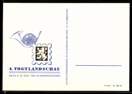 Künstler-AK Markneukirchen, 4. Vogtlandschau 1983, Briefmarke und Horn