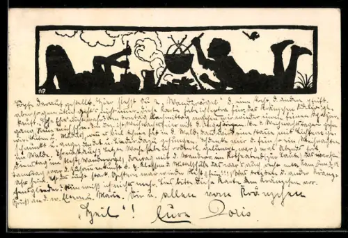 AK Schattenbild, Wandervögel an der Kochstelle