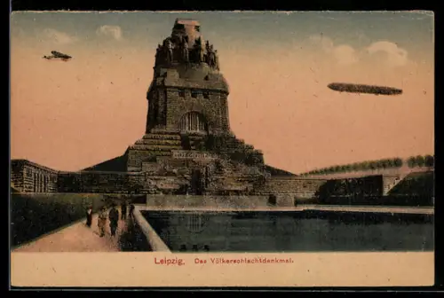 AK Leipzig, Völkerschlachtdenkmal, Zeppelin und Flugzeug