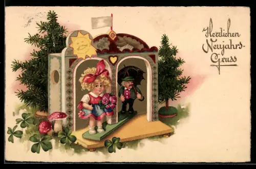 AK Spieluhr mit Tannenbäumen, Neujahrsgruss, Meteorologie