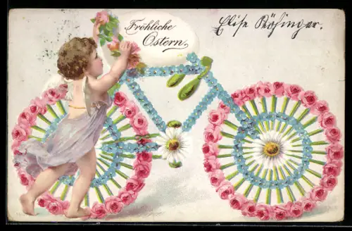 AK Osterengel und Blumenfahrrad