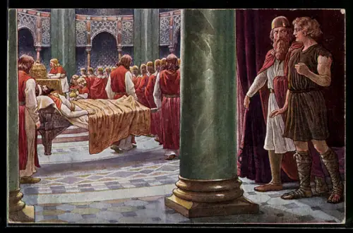 Künstler-AK Parsival im Gespräch, Amfortas liegt auf der Wunden Barre, Serie 141, Nr. 3807