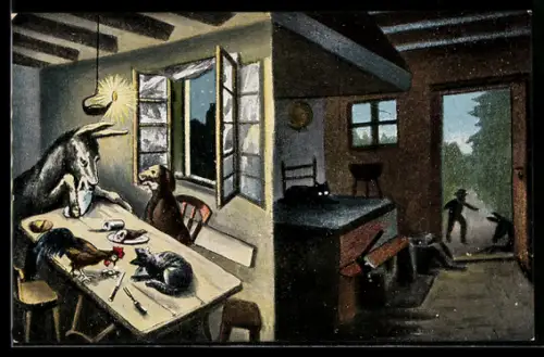 AK Die Bremer Stadtmusikanten Nr. 9 und 10, Sitzen am Tisch und essen soviel sie können, Räuber kommt