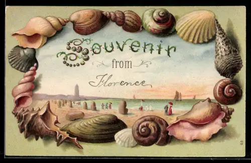 Passepartout-Lithographie Spaziergänger am Strand, Muscheln, Segelboote