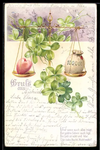 AK Waage mit Geldsack und einem Herz, Kleeblätter