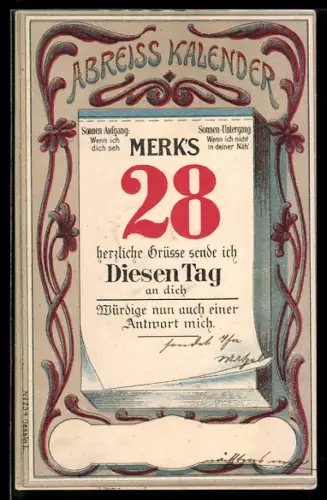 AK Abreiss-Kalender, 28., Herzliche Grüsse sende ich diesen Tag an dich