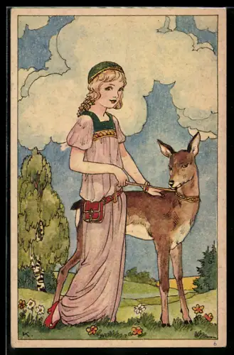 AK Märchen Brüderchen und Schwesterchen, Mädchen strreichelt als Reh verzauberten Bruder