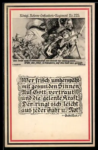 AK Königl. Reserve-Infanterie-Regiment Nr. 225, Spruch Schillers, Germania führt die Soldaten an