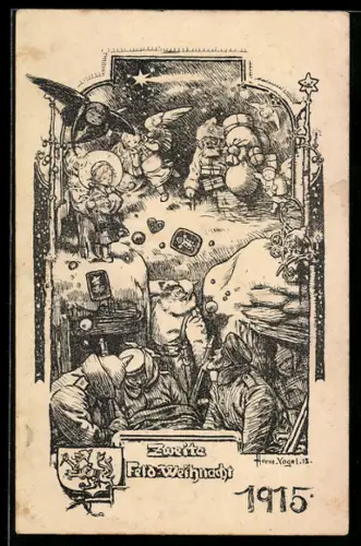 AK zweite Feld-Weihnacht 1915, Soldaten im Schützengraben