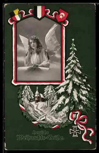 AK Türkei, Fahnen des Zweibund und der Türkei, Weihnachtsengel und Kirche im Schnee, Weihnachtsgrüsse