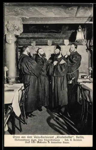 AK Berlin, Wein-Restaurant Klosterkeller, Mohrenstrasse 17/18, Inh. R. Borstein, Mönche im andächtigen Gebet