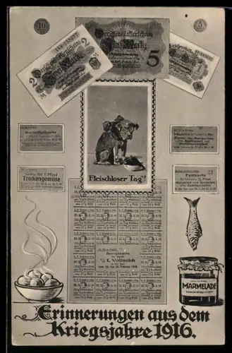 AK Kriegsjahr 1916, Lebensmittelkarten, Hund mit Mohrrüben als Futter