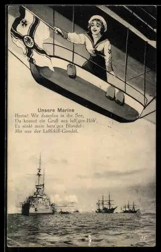 AK Junge Matrosin mit Reichskriegsflagge blickt vom Zeppelin auf die Kriegsschiffe
