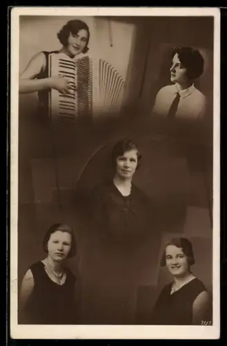 AK Frau mit Akkordeon und weitere Frauenporträts, Fotomontage