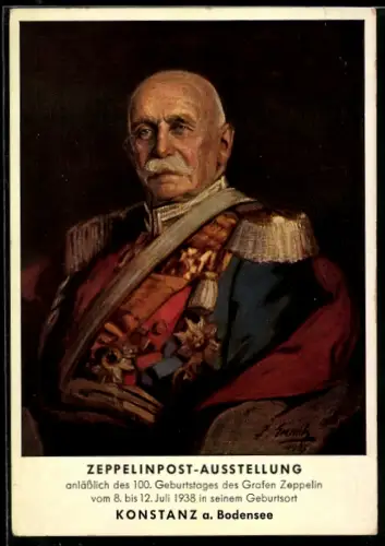 AK Konstanz, Zeppelinpost-Ausstellung, Portrait zum 100. Geburtstag