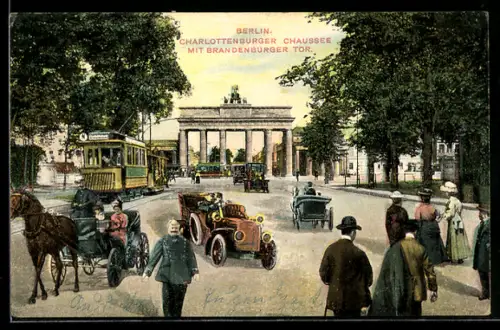 AK Berlin, Charlottenburger Chaussee mit Brandenburger Tor, Montage, Strassenverkehr und Passanten