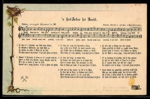 Lied-AK Anton Günther NR. 16: `s hot Jeder sei Freid, Lied in erzgebirgischer Mundart