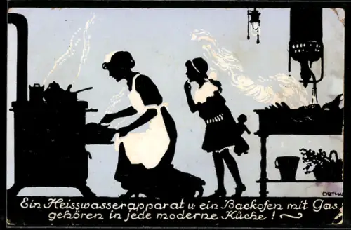 AK Mutter und Tochter mit einem neuen Ofen in der Küche