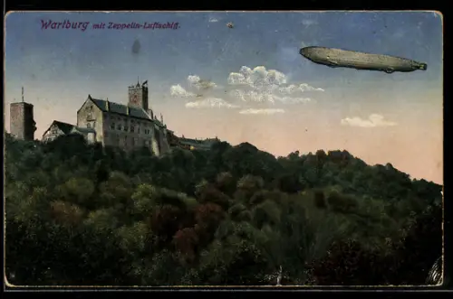AK Wartburg, Zeppelin-Luftschiff fährt über die Wartburg hinweg