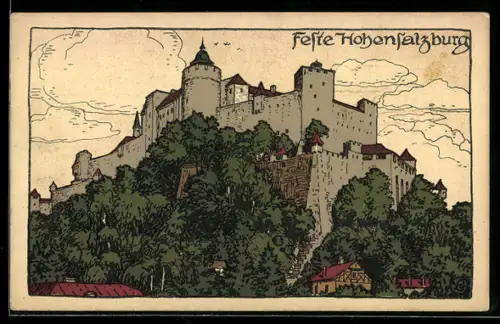 Steindruck-AK Salzburg, Feste Hohensalzburg von unten gesehen