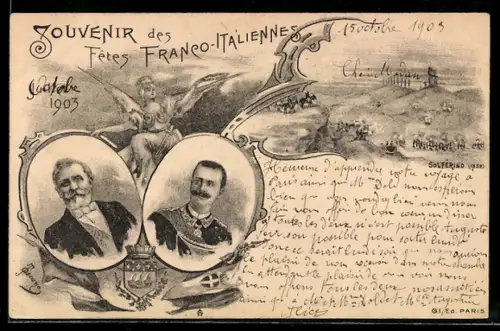 AK Emile Loubet, Präsident von Frankreich, Vittorio Emmanuele III. von Italien, Fêtes Franco-Italiennes 1903
