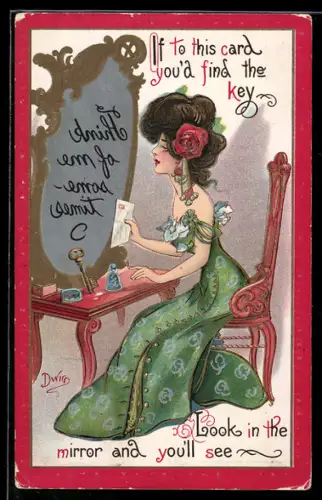 AK Attraktive Frau mit Rose im Haar sitzt vor einem Spiegel, optische Täuschung