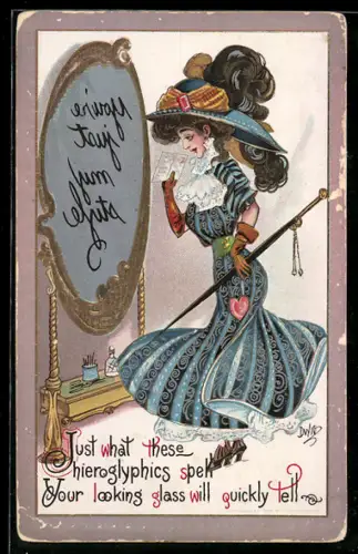 AK Attraktive Frau mit Hut steht vor einem grossen Spiegel, optische Täuschung