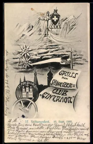 Künstler-AK sign. Th. Sager: 57. Stiftungsfest des Schweizer-Clubs Eintracht 1905