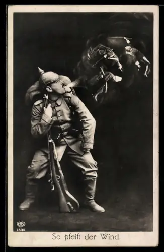 Fotomontage-AK EAS, So pfeift der Wind, Soldat bläst Feinde durch die Luft