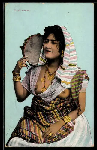 AK Arabische Frau mit entblösster Brust und Tamburin