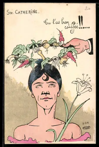 AK Schutzpatronin Ste. Catherine mit einer Krone aus Gemüse