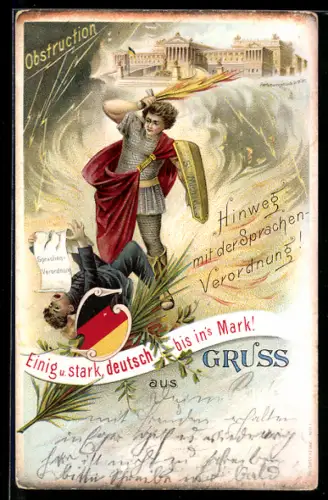 Lithographie Wien, St. Michael wehrt die Sprachenverordnung ab, Parlamentsgebäude, Wappenschild