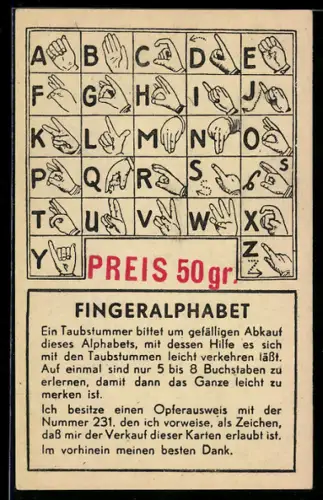 AK Fingeralphabet, von einem Taubstummen verkauft