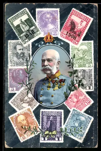 AK Portrait von Kaiser Franz Josef I. von Österreich, Briefmarken