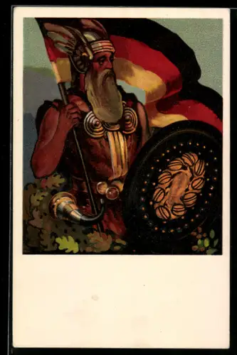 Lithographie Germane mit schwarz-rot-gelber Fahne