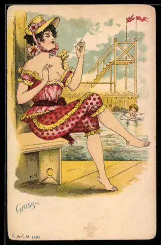 AK Attraktive Frau im Badeanzug und mit Zigarette