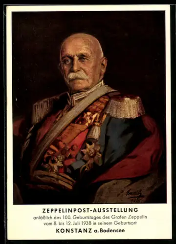 AK Konstanz, Zeppelinpost-Ausstellung, Portrait zum 100. Geburtstag