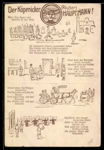 AK Berlin, Text zum Köpenicker (Räuber)-Hauptmann mit marschierenden Soldaten