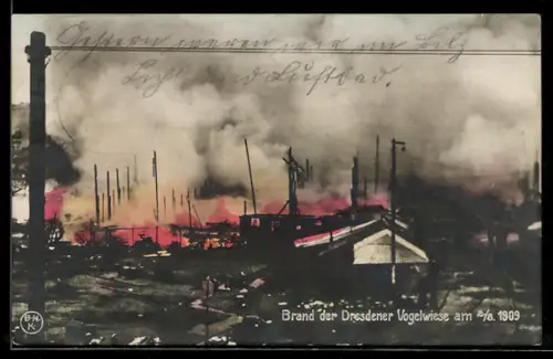 AK Dresden, Brand der Dresdener Vogelwiese am 2. August 1909