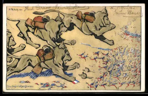 AK Die bayrischen Löwen vertreiben Soldaten, Propaganda 1. Weltkrieg